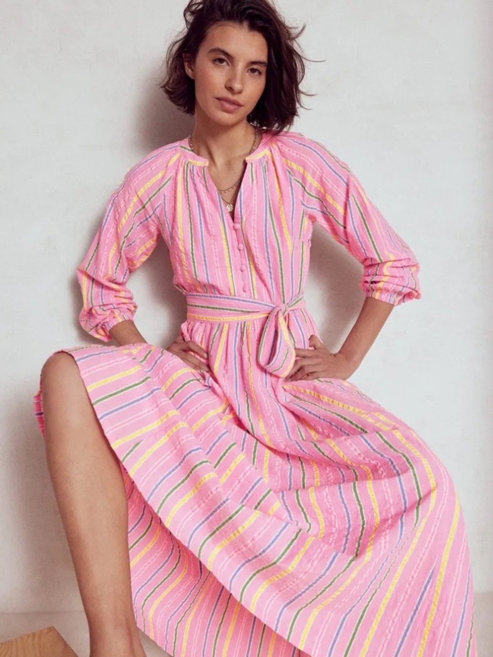 Boden Faye Pink Seersucker Stripe Belted Cotton Maxi Shirt Dress UK 10 US 6